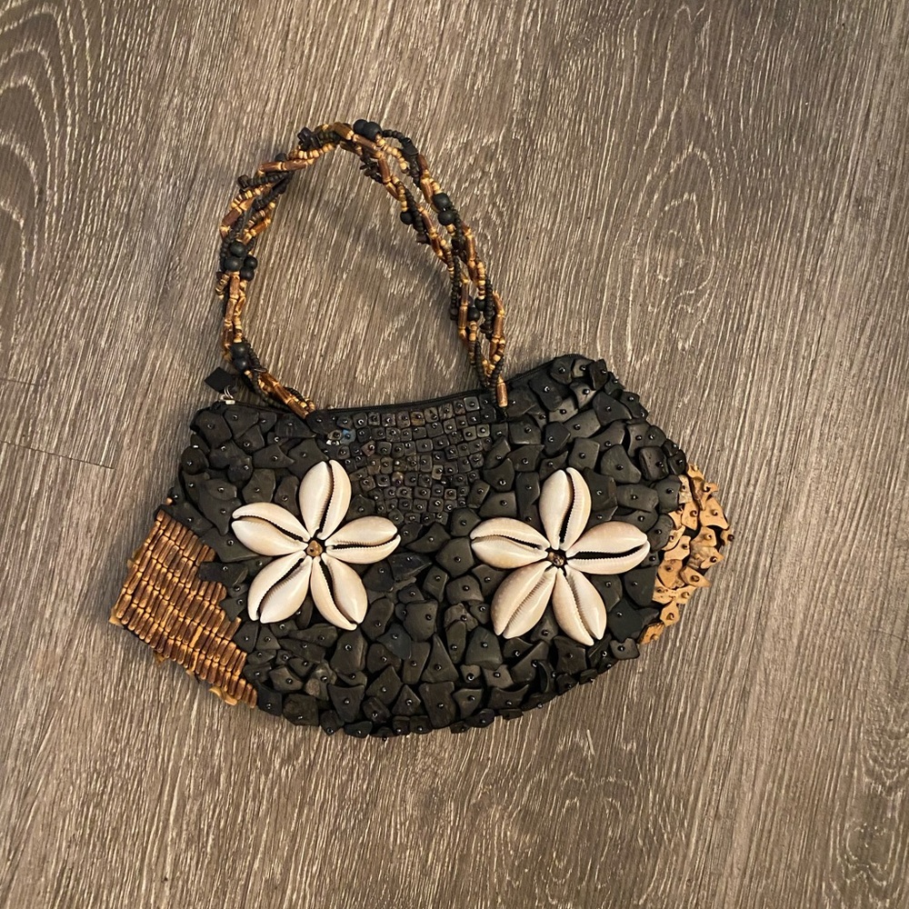Mido Black , Tan Wood & White Shell Beaded Clutch